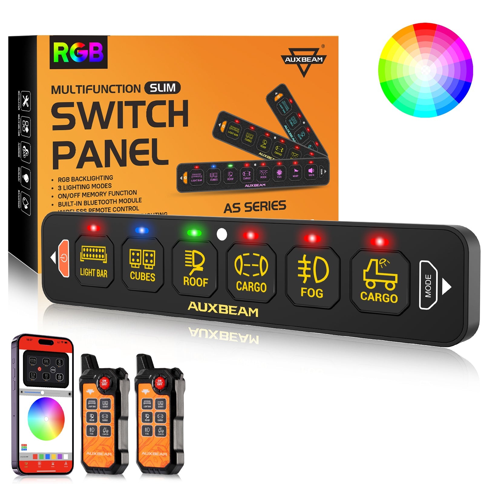 AS-600 RGB Slim Switch Panel with APP&Remote Control, Toggle/ Momentary/ Pulsed Mode Supported(One-Sided Outlet)
