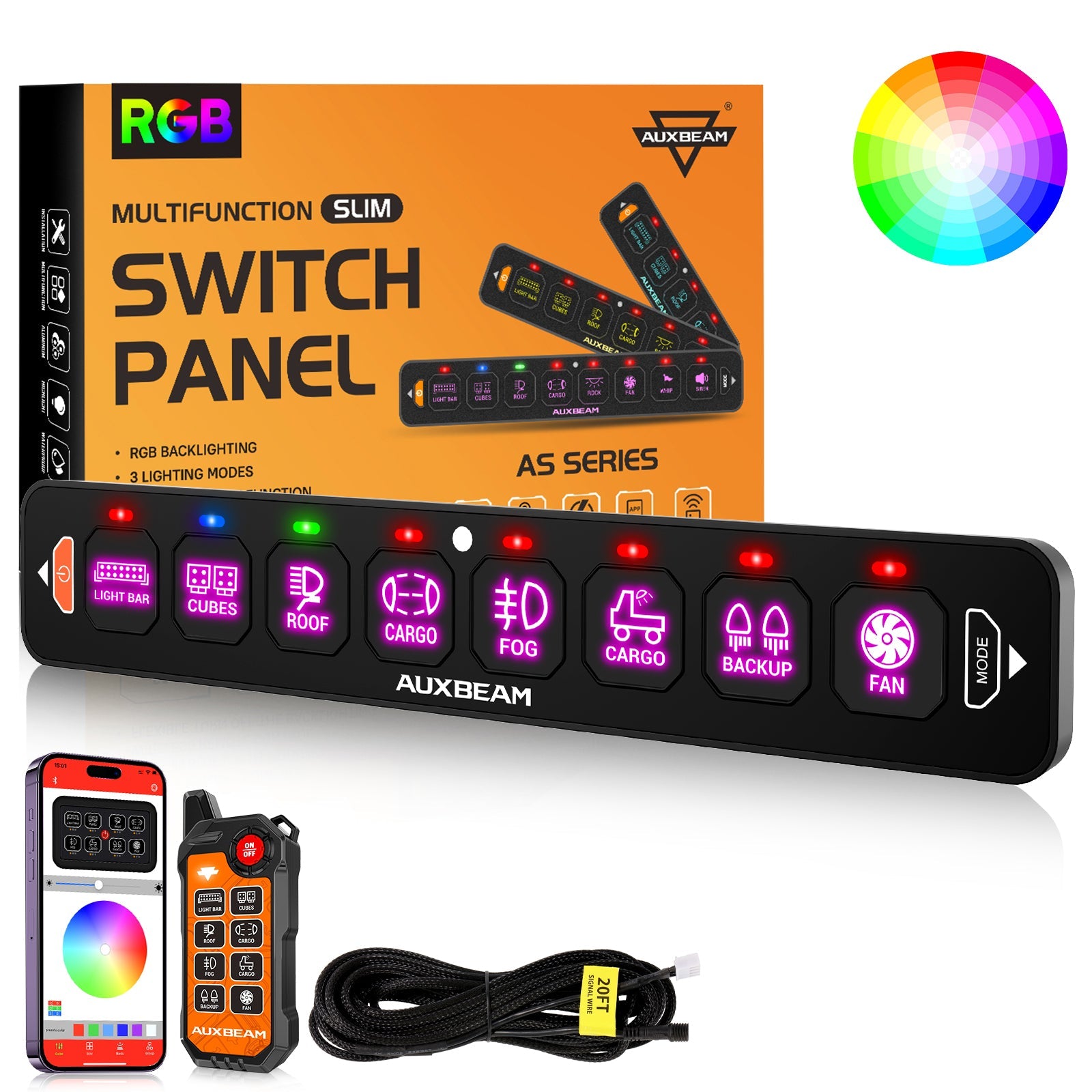 AS-800 RGB Slim Switch Panel with APP&Remote Control, Toggle/ Momentary/ Pulsed Mode Supported(One-Sided Outlet)
