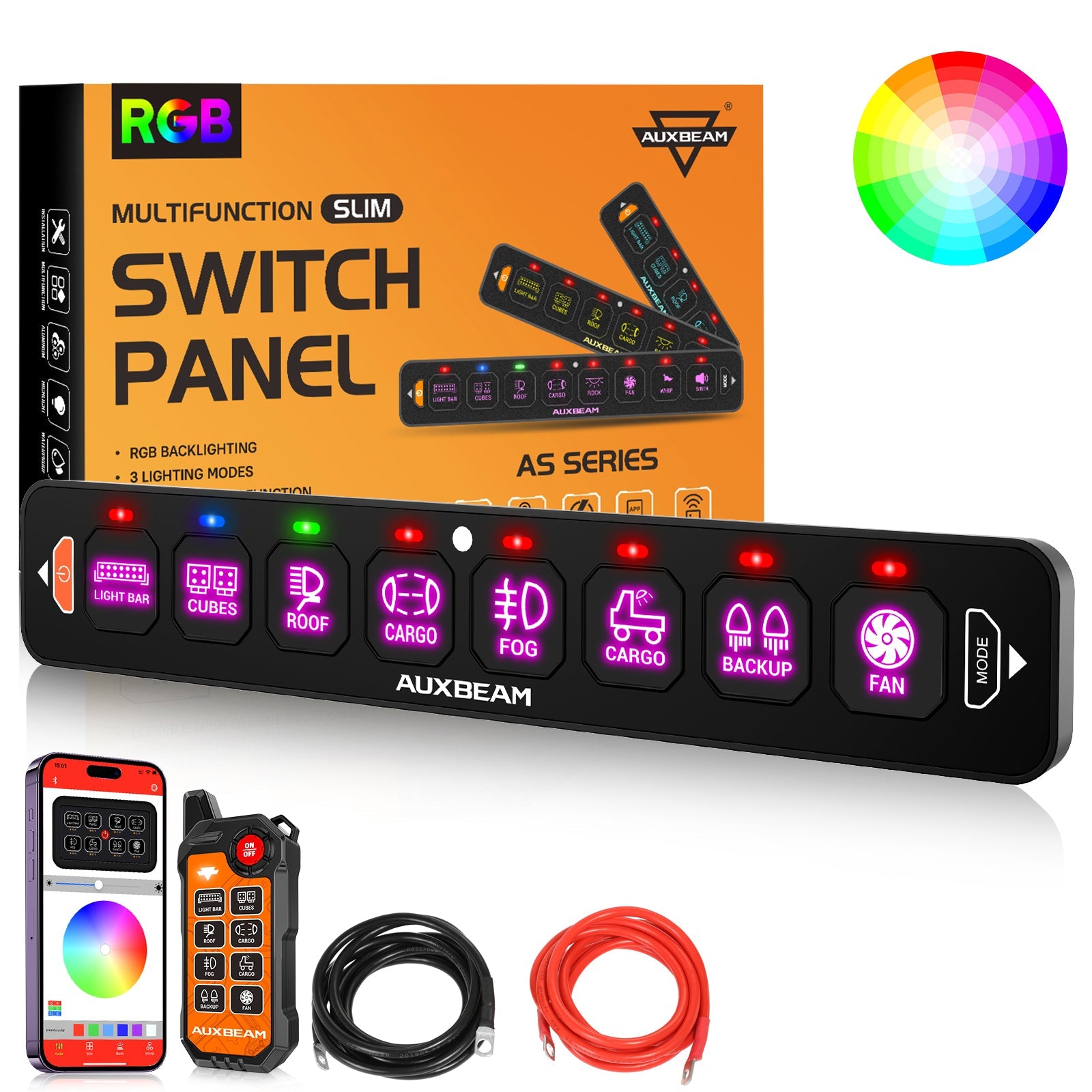 AS-800 RGB Slim Switch Panel with APP&Remote Control, Toggle/ Momentary/ Pulsed Mode Supported(One-Sided Outlet)