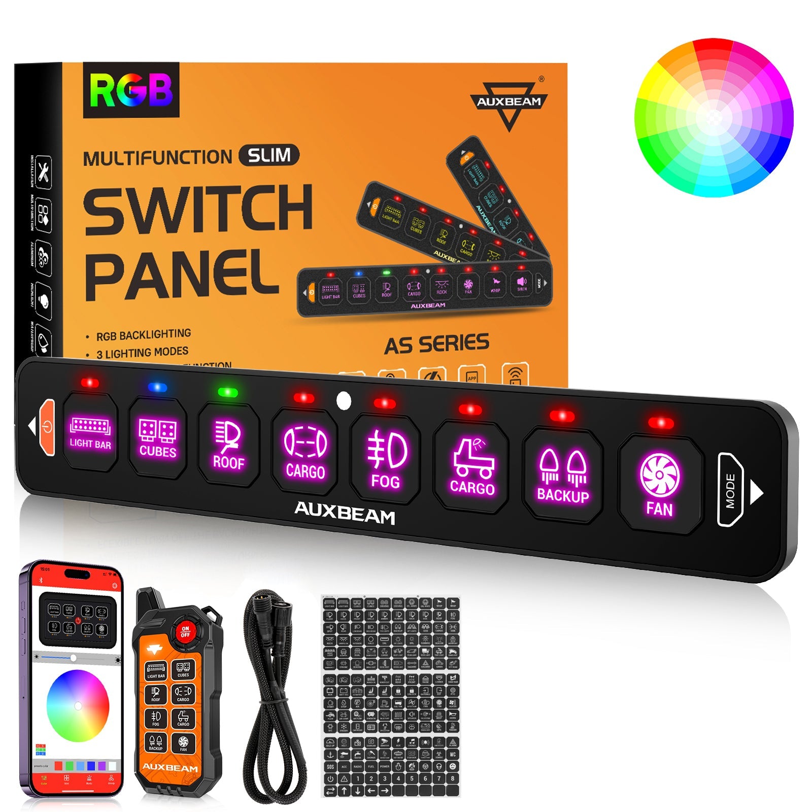 AS-800 RGB Slim Switch Panel with APP&Remote Control, Toggle/ Momentary/ Pulsed Mode Supported(One-Sided Outlet)