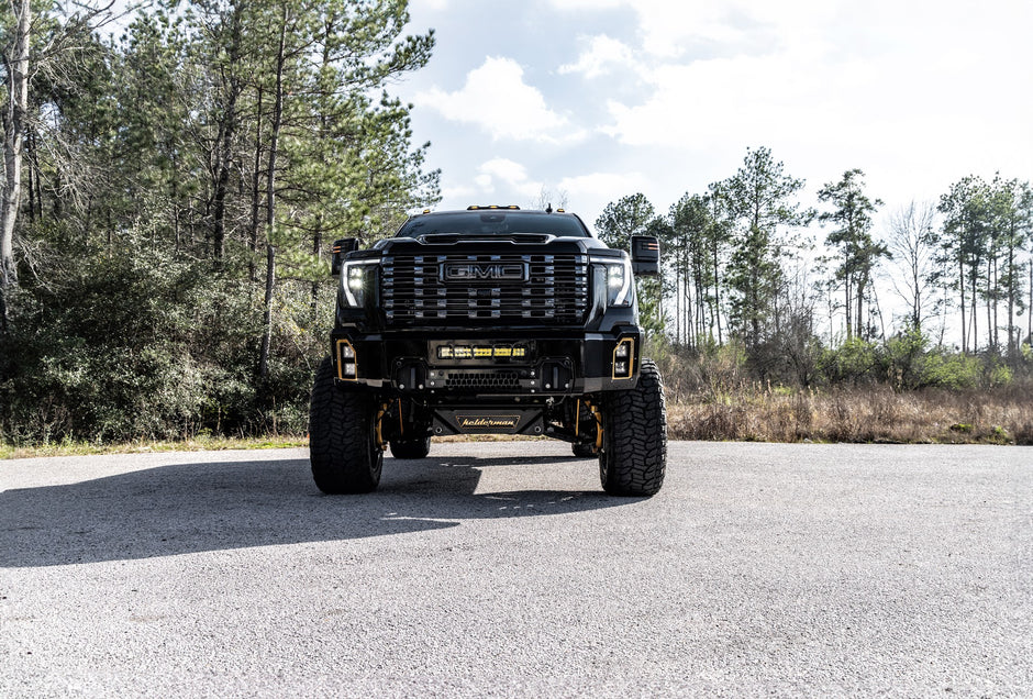 Maverick front bumper on a black 2024+ GMC Sierra HD, front view