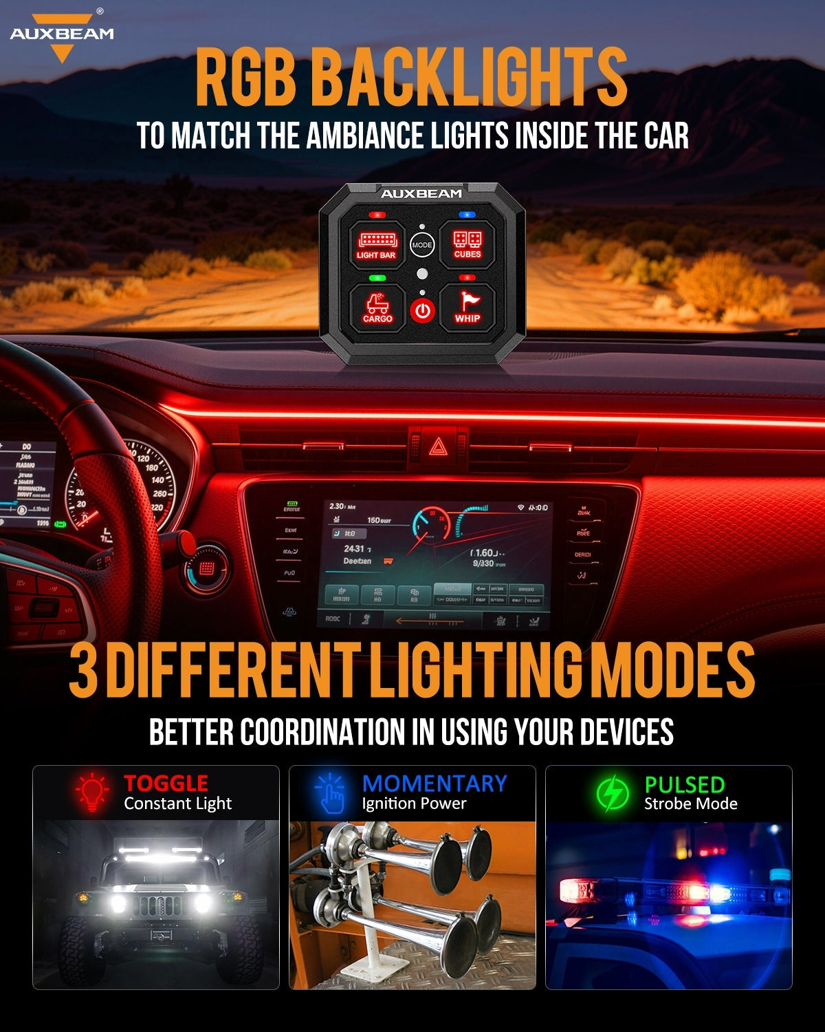 RGB Series 4 Gang (RA40) Switch Panel, Toggle/ Momentary/ Pulsed Mode Supported (One-Sided Outlet)