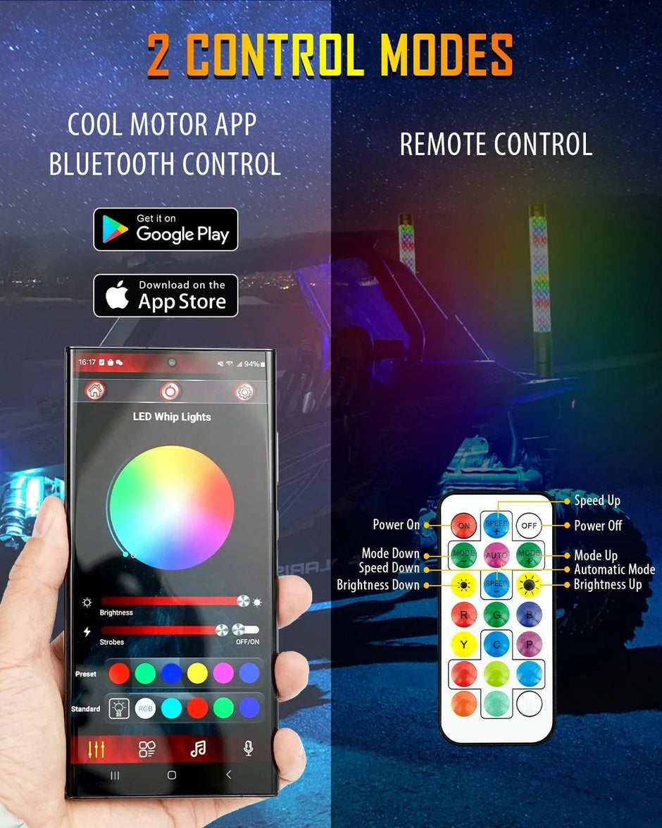 1.9FT ew LED RGB Whip Lights with Turn Signal & Brake Light, Bluetooth APP/ Remote Control