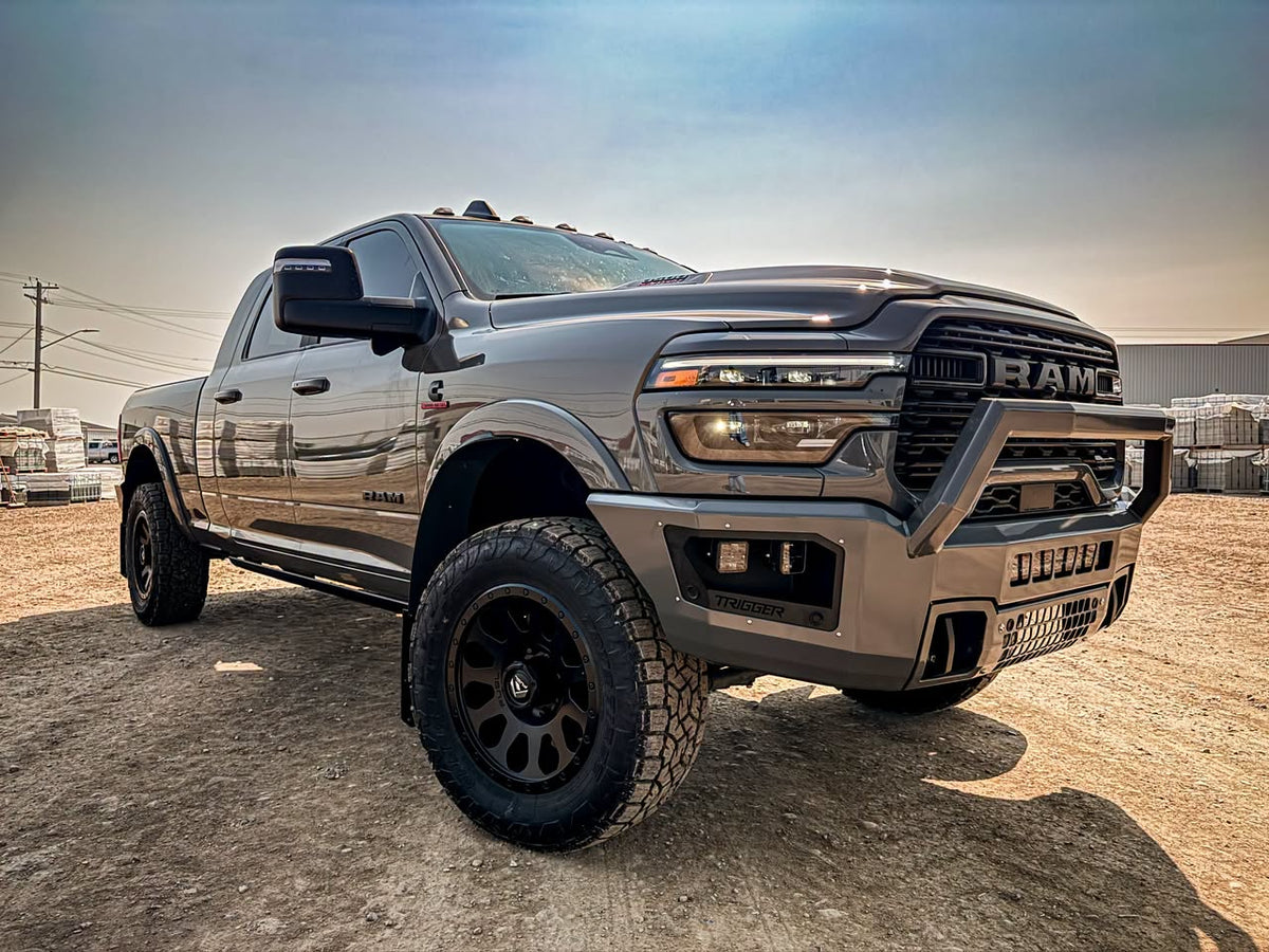 Maverick Pre Runner front bumper on a 2026 Ram 3500, shown in a custom ceramic colour (ships in black powder coat)