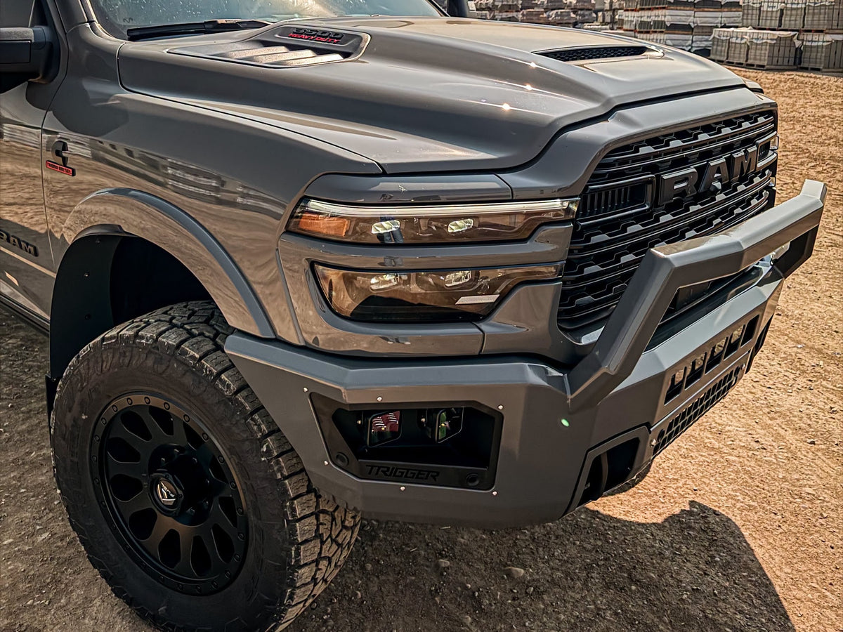 Maverick Pre Runner front bumper on a 2026 Ram 3500, shown in a custom ceramic colour (ships in black powder coat)