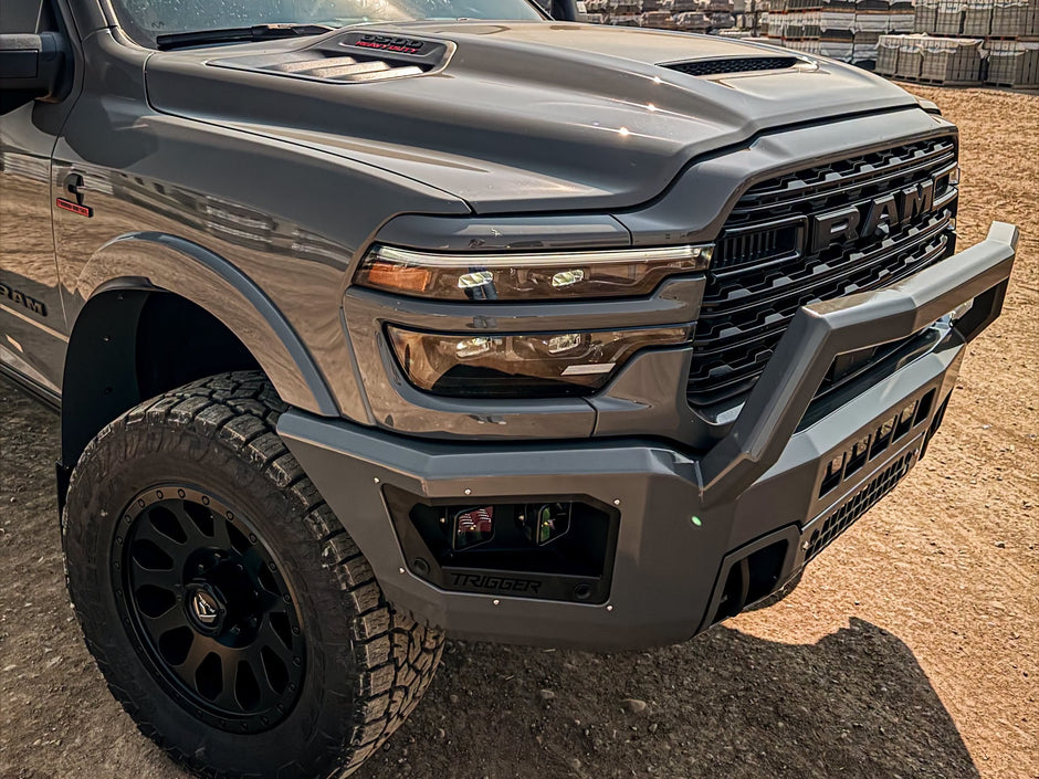 Maverick Pre Runner front bumper on a 2026 Ram 3500, shown in a custom ceramic colour (ships in black powder coat)