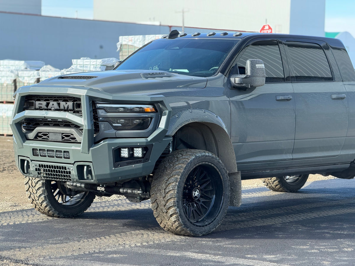 Maverick Grill Guard front bumper on a Ram HD, shown in a custom grey colour (ships in black powder coat)