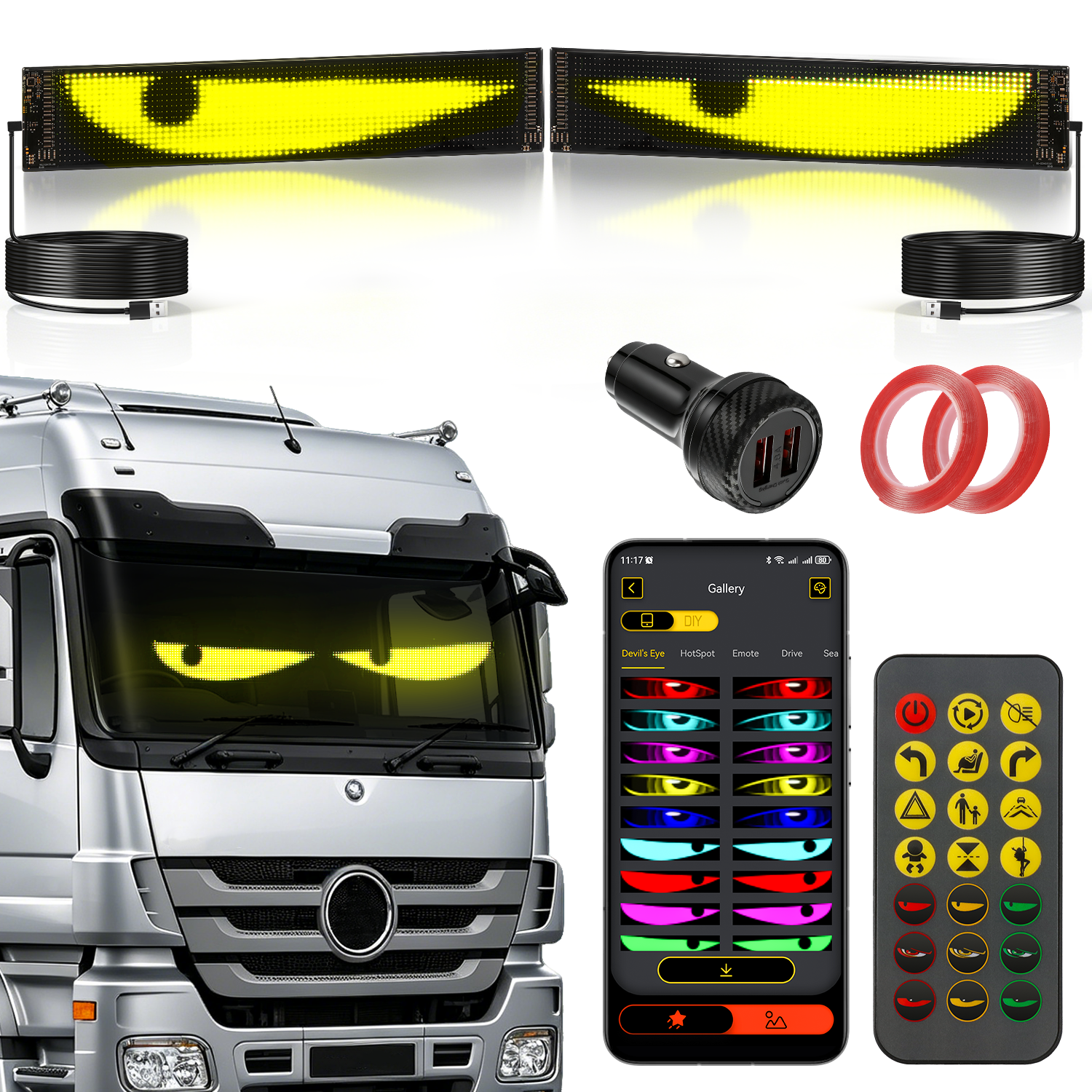 Two-Pack Devil's Eye Atmosphere Light Flexible Programmable USB APP Control Car LED Screen 23.42x4.72in for Windshield Decoration