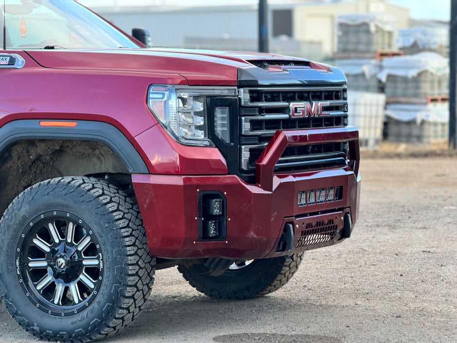 Maverick front bumper with Pre Runner on a 2020-2023 GMC Sierra HD, shown in a custom red colour (ships in black powder coat)