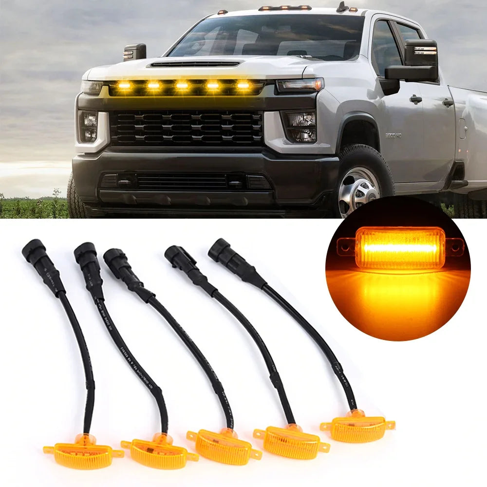(5pcs/set) LED Front Grille Lights Raptor Style Amber Light Universal Car Modification