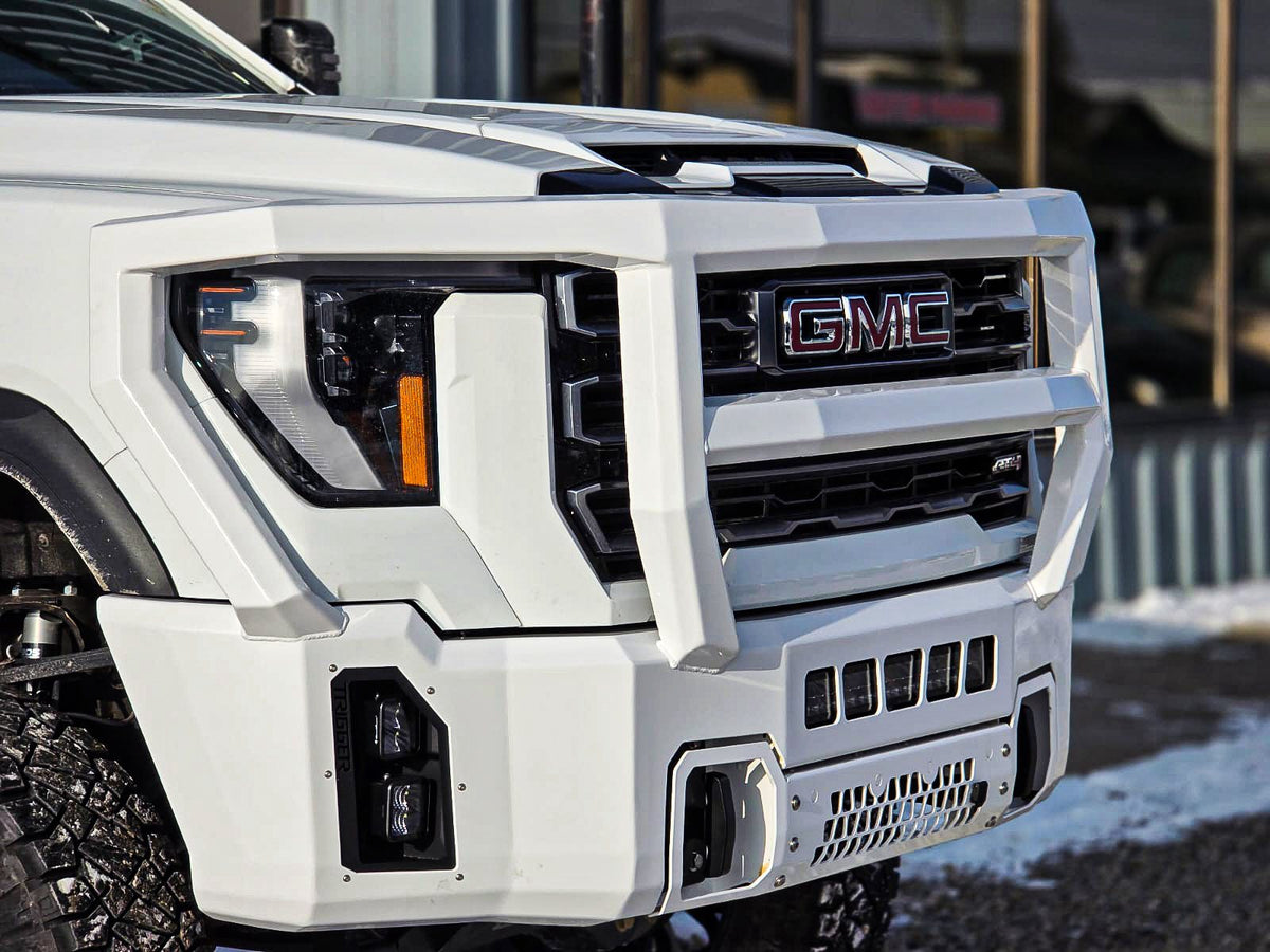 Maverick Grill Guard front bumper on a 2024+ GMC Sierra HD, shown in a custom white colour (ships in black powder coat)