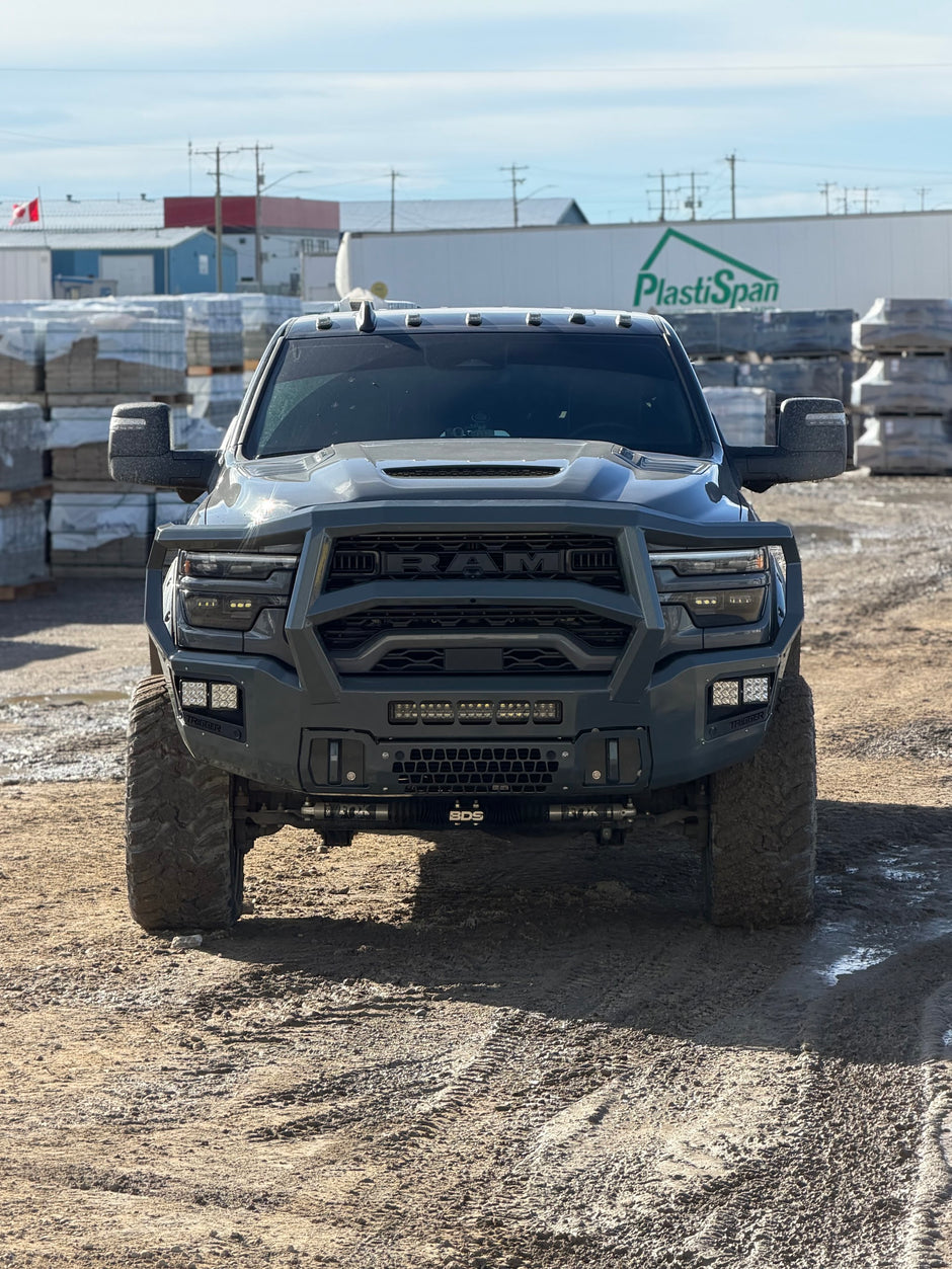 Maverick Grill Guard front bumper on a Ram HD, shown in a custom grey colour (ships in black powder coat)