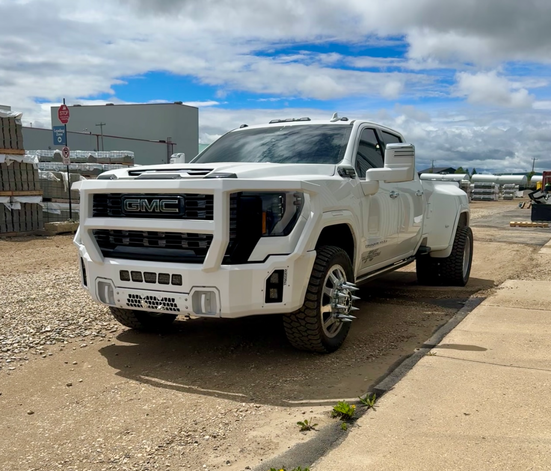 Maverick Grill Guard front bumper on a 2024+ GMC Sierra HD, shown in a custom white colour (ships in black powder coat)