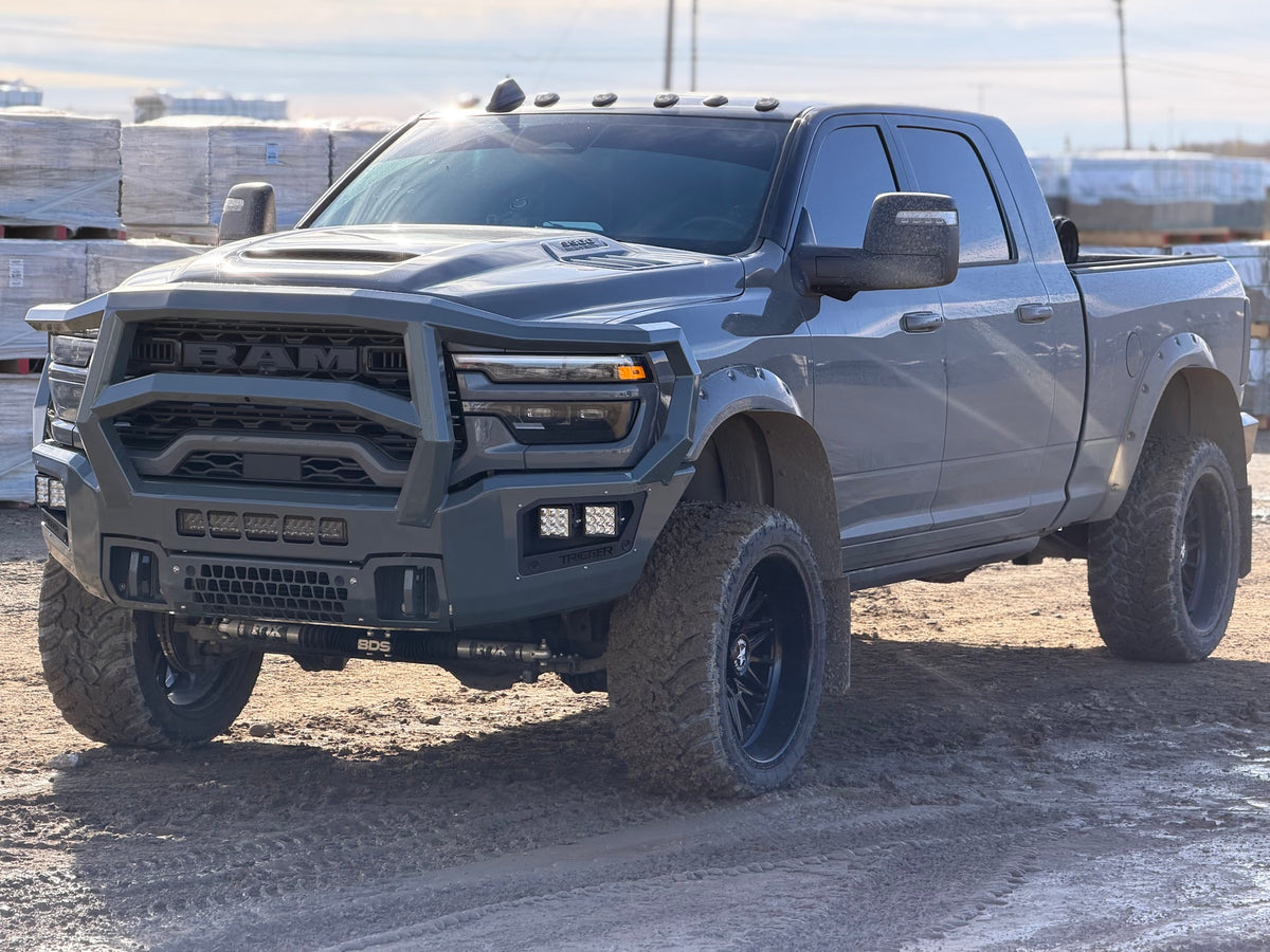 Maverick Grill Guard front bumper on a Ram HD, shown in a custom grey colour (ships in black powder coat)