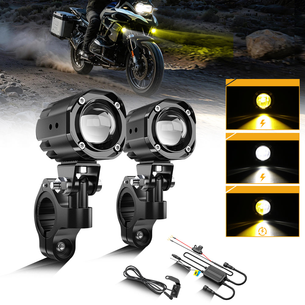2 Inch Mini Dual-Color Motorcycle LED Spotlight, 120W MT1 Series Dual Color Switchback LED Auxiliary Light 3+3 Light Modes for Motorcycle SUV ATV Trucks | 2PCS/Set