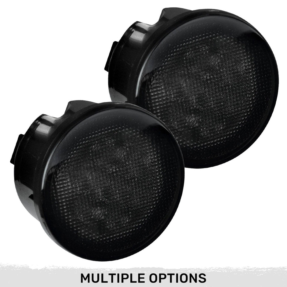 Jeep 07-18 JK Wrangler Round Front Turn Signal Lenses with White LED's Located Under Front Headlights - Smoked Lens
