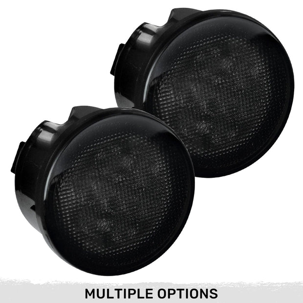 Jeep 07-18 JK Wrangler Round Front Turn Signal Lenses with White LED's Located Under Front Headlights - Smoked Lens