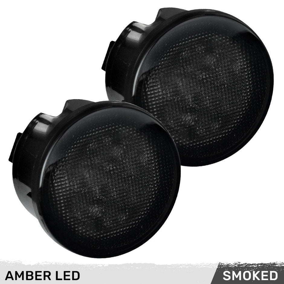 Jeep 07-18 JK Wrangler Round Front Turn Signal Lenses with White LED's Located Under Front Headlights - Smoked Lens - Image 3
