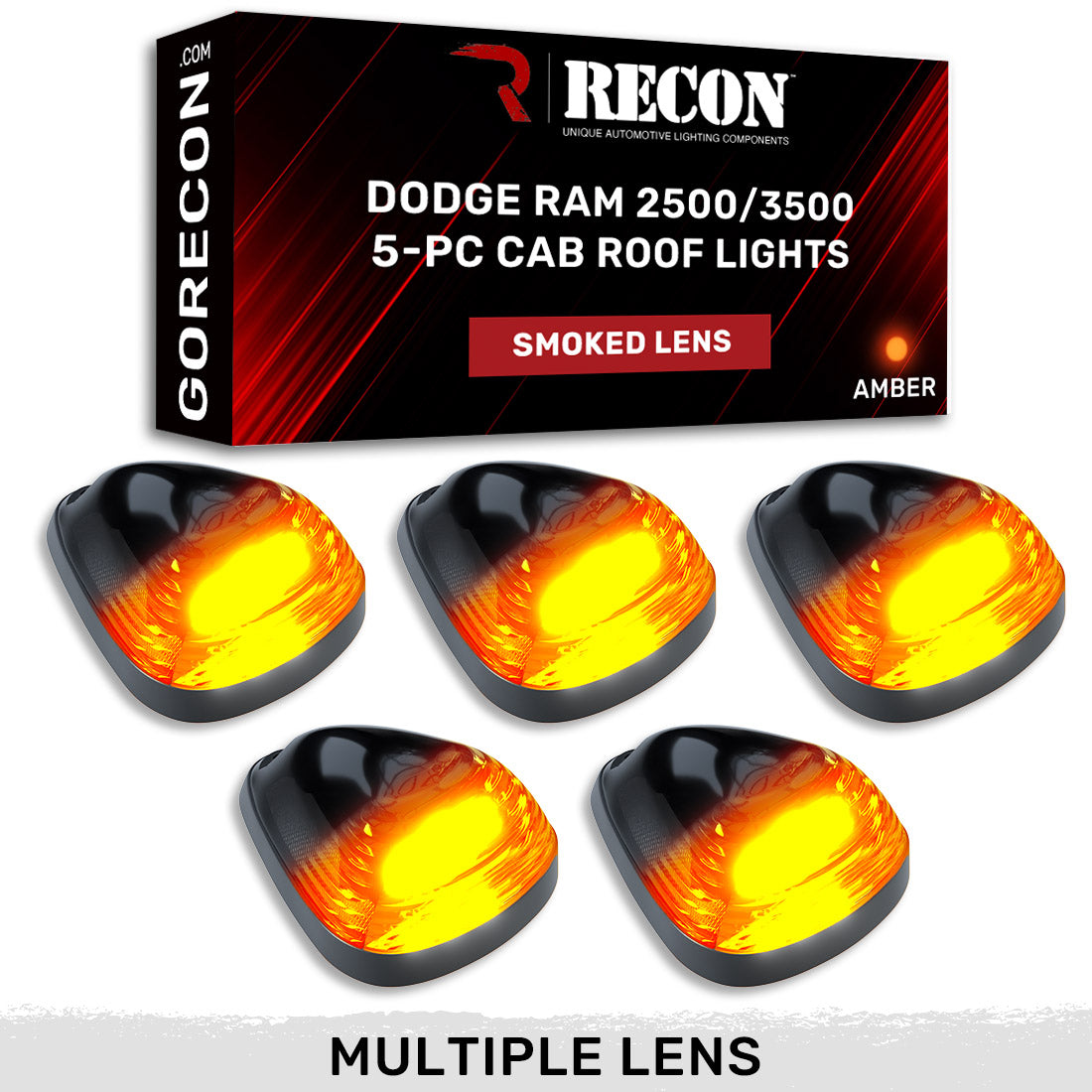 Dodge 94-98 RAM (5-Piece Set) Smoked Cab Roof Light Lens with Amber 194 Bulbs - Complete Kit With Wiring & Hardware - Image 2