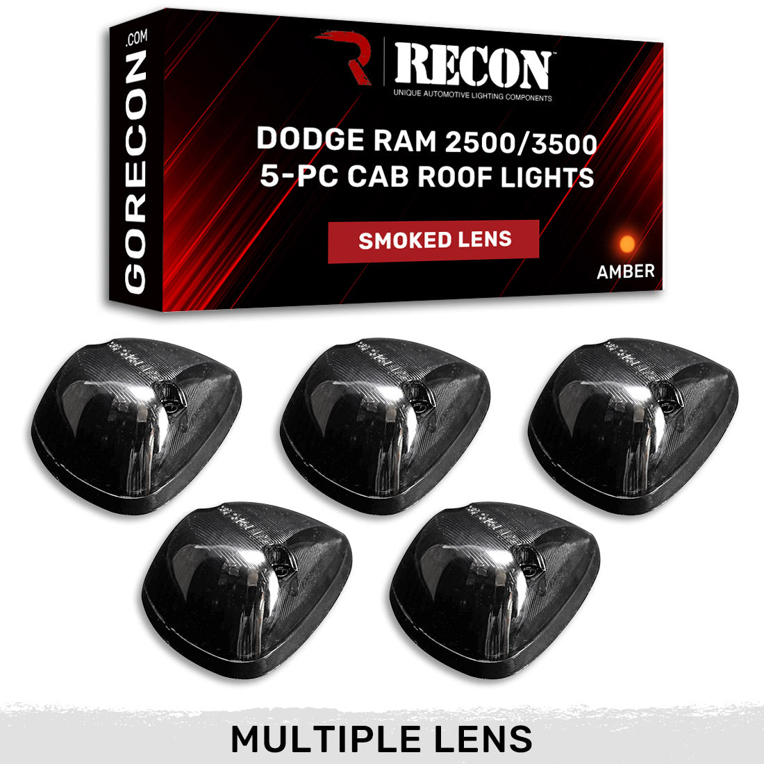 Dodge 94-98 RAM (5-Piece Set) Smoked Cab Roof Light Lens with Amber 194 Bulbs - Complete Kit With Wiring & Hardware