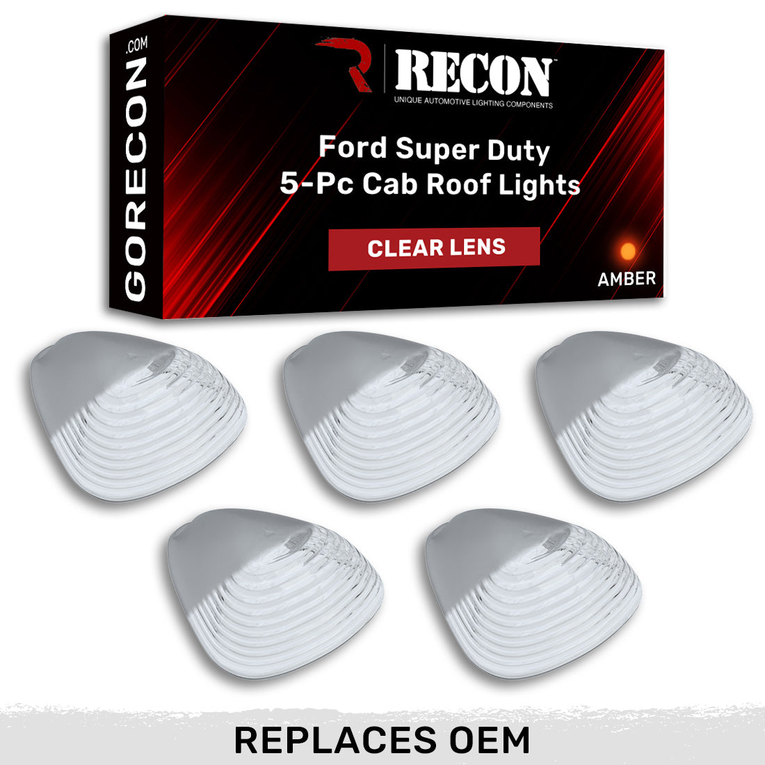 Ford 99-16 Superduty (5-Piece Set) Clear Cab Roof Light Lenses Only & Amber Xenon Bulbs