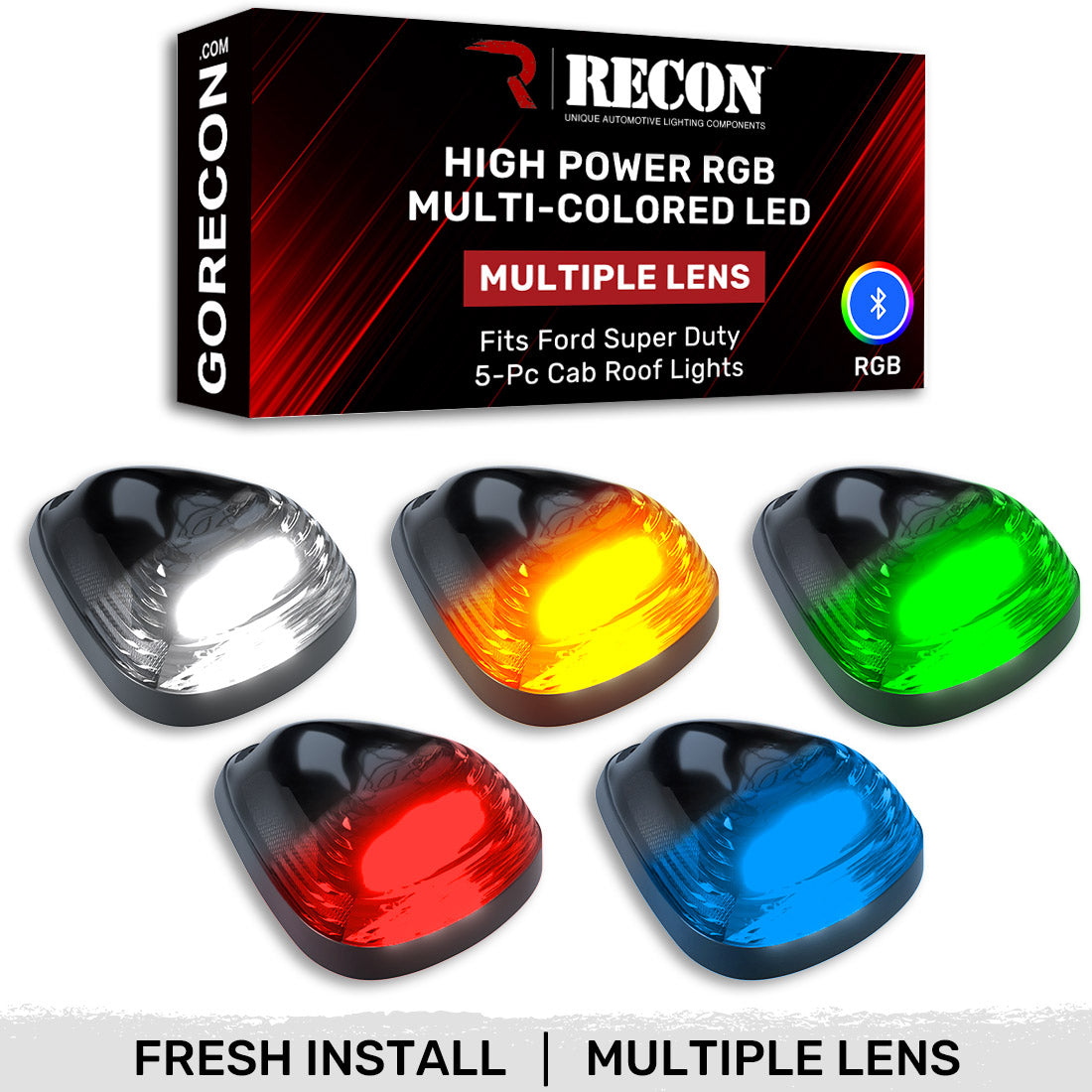 Ford 99-16 Superduty (5-Piece Set) Smoked Cab Roof Light Lens with RGB (Multi-Colored) High-Power LED's - Complete Kit With Wiring & Hardware - ATTN: Cab Lights are User Controlled by Bluetooth Using App Thru Mobile Phone / Tablet - MULTI-COLORED