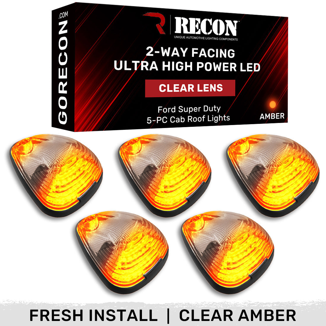Ford 99-16 Superduty (5-Piece Set) Clear Cab Roof Light Lens with 2-Way Forward & Rear Facing Amber ULTRA High-Power LEDs - (Complete Wiring Kit Sold Separately) - Image 2