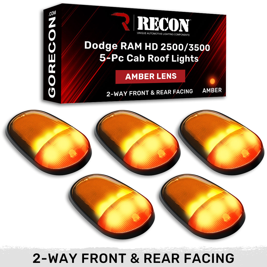 Dodge 03-18 RAM Heavy-Duty 2500 & 3500 (5-Piece Set) Amber Cab Roof Light Lens with 2-Way Forward & Rear Facing Amber ULTRA High-Power LEDs - (Complete Wiring Kit Sold Separately)