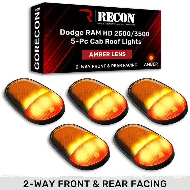 Dodge 03-18 RAM Heavy-Duty 2500 & 3500 (5-Piece Set) Amber Cab Roof Light Lens with 2-Way Forward & Rear Facing Amber ULTRA High-Power LEDs - (Complete Wiring Kit Sold Separately)