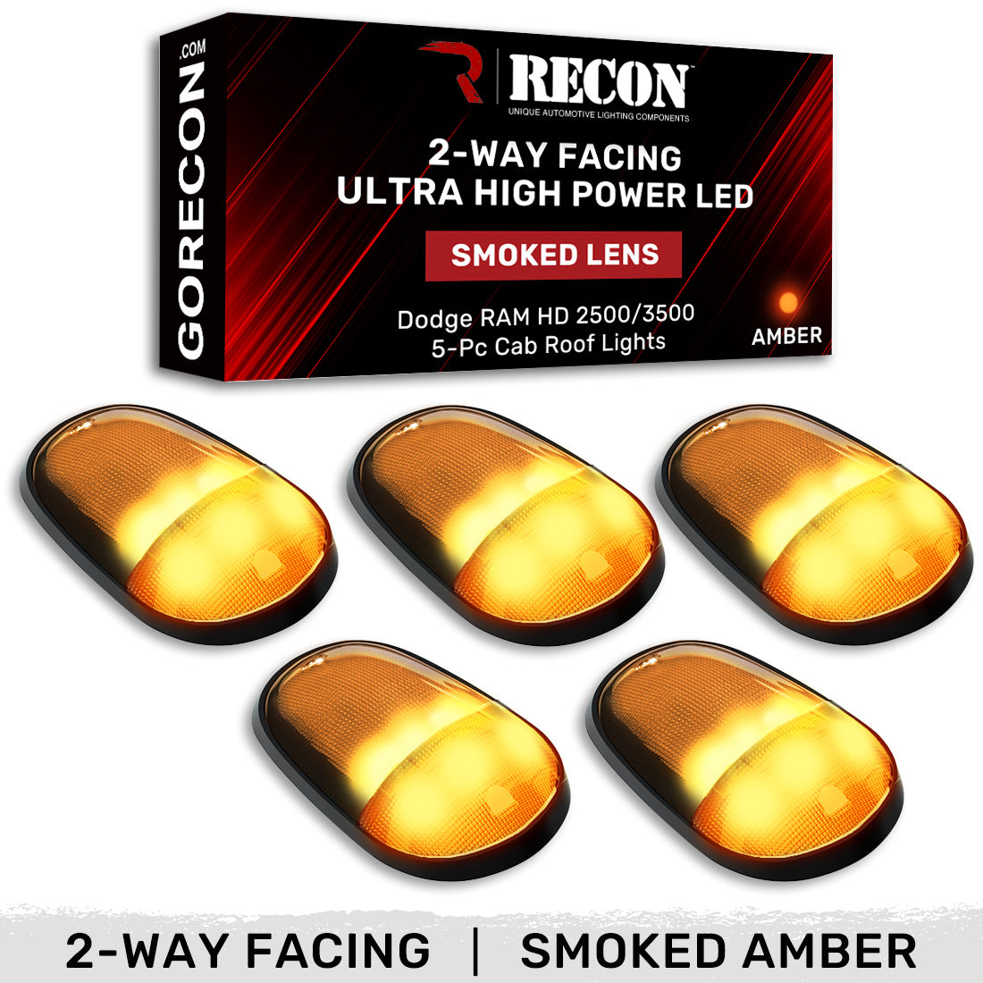 Dodge 03-18 RAM Heavy-Duty 2500 & 3500 (5-Piece Set) Smoked Cab Roof Light Lens with 2-Way Forward & Rear Facing Amber ULTRA High-Power LEDs - (Complete Wiring Kit Sold Separately) - Image 2