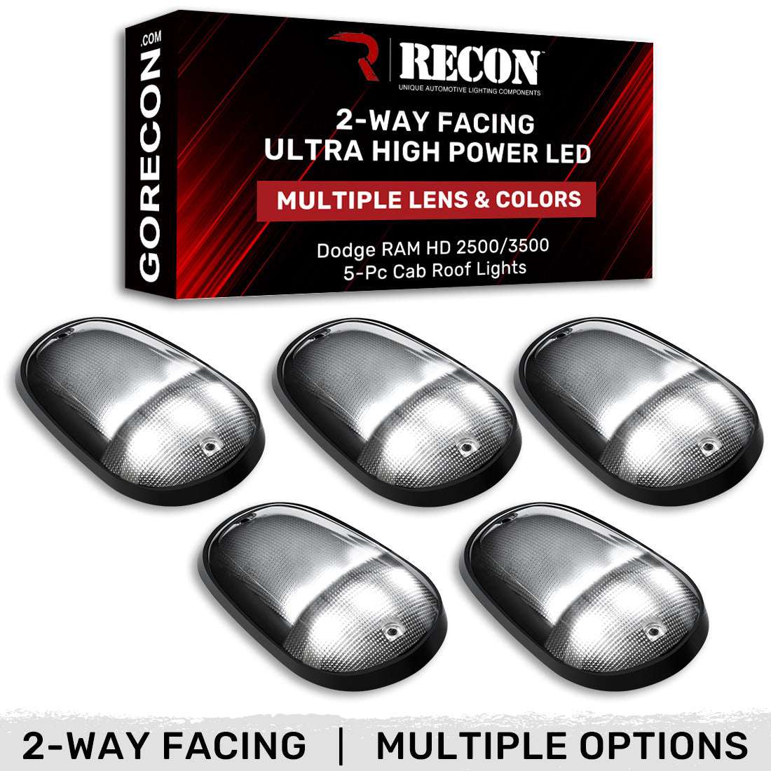 Dodge 03-18 RAM Heavy-Duty 2500 & 3500 (5-Piece Set) Smoked Cab Roof Light Lens with 2-Way Forward & Rear Facing White ULTRA High-Power LEDs - (Complete Wiring Kit Sold Separately)