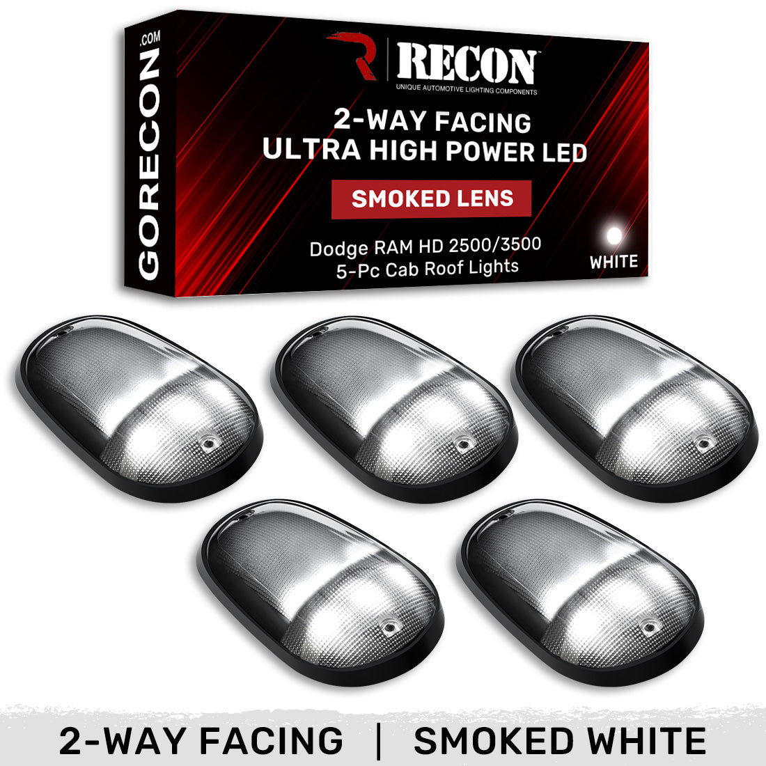 Dodge 03-18 RAM Heavy-Duty 2500 & 3500 (5-Piece Set) Smoked Cab Roof Light Lens with 2-Way Forward & Rear Facing White ULTRA High-Power LEDs - (Complete Wiring Kit Sold Separately) - Image 5