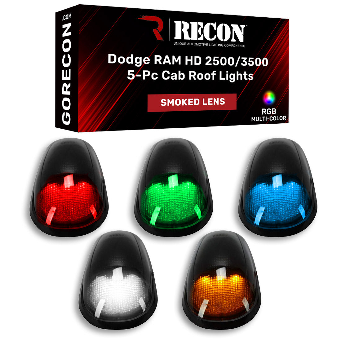 Dodge 03-18 RAM Heavy-Duty 2500 & 3500 (5-Piece Set) Smoked Cab Roof Light Lens with RGB (Multi-Colored) High-Power LED's - Complete Kit With Wiring & Hardware - ATTN: Cab Lights are User Controlled by Bluetooth Using App Thru Mobile Phone / Tablet - MULTI-COLORED - Image 3