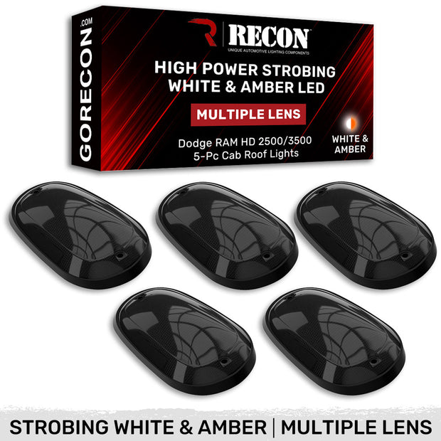 Dodge 03-18 RAM Heavy-Duty 2500 & 3500 (5-Piece Set) Smoked Cab Roof Light Kit with White & Amber Strobe LED's & White or Amber Running Light LED's - Includes Complete Kit With Wiring & Hardware