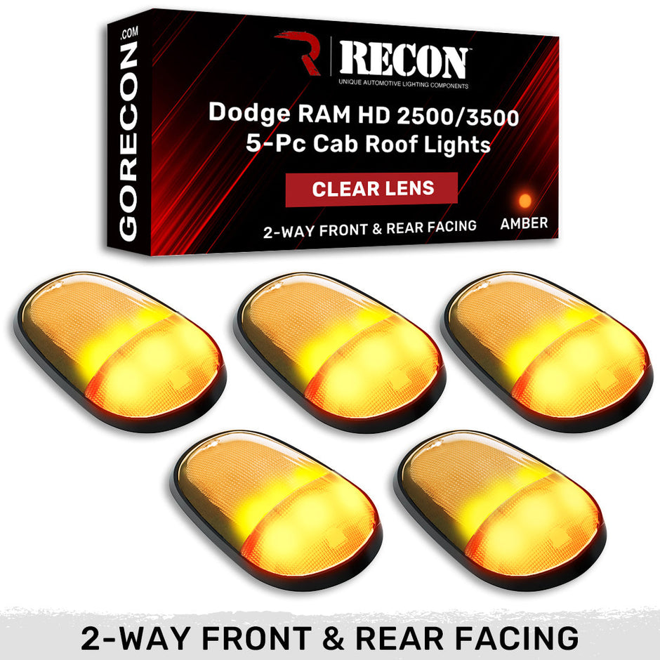Dodge 03-18 RAM Heavy-Duty 2500 & 3500 (5-Piece Set) Clear Cab Roof Light Lens with 2-Way Forward & Rear Facing Amber ULTRA High-Power LEDs - (Complete Wiring Kit Sold Separately)
