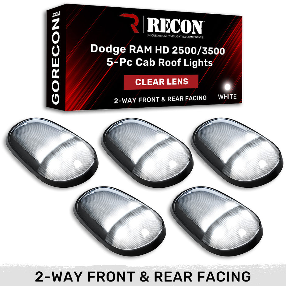 Dodge 03-18 RAM Heavy-Duty 2500 & 3500 (5-Piece Set) Clear Cab Roof Light Lens with 2-Way Forward & Rear Facing White ULTRA High-Power LEDs - (Complete Wiring Kit Sold Separately)