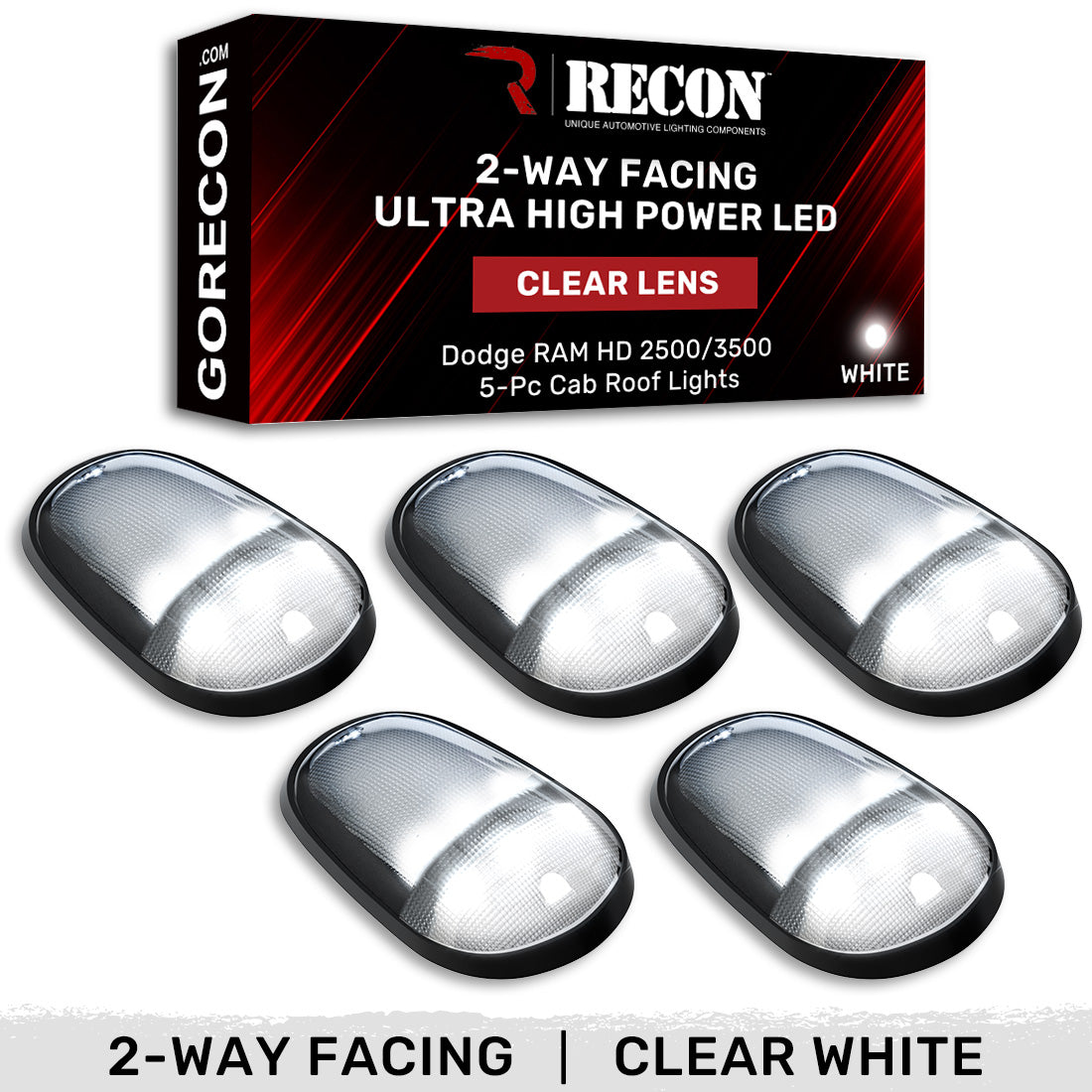 Dodge 03-18 RAM Heavy-Duty 2500 & 3500 (5-Piece Set) Clear Cab Roof Light Lens with 2-Way Forward & Rear Facing White ULTRA High-Power LEDs - (Complete Wiring Kit Sold Separately) - Image 2