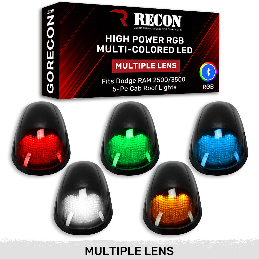 Dodge 03-18 RAM Heavy-Duty 2500 & 3500 (5-Piece Set) Smoked Cab Roof Light Lens with RGB (Multi-Colored) High-Power LED's - Complete Kit With Wiring & Hardware - ATTN: Cab Lights are User Controlled by Bluetooth Using App Thru Mobile Phone / Tablet - MULTI-COLORED