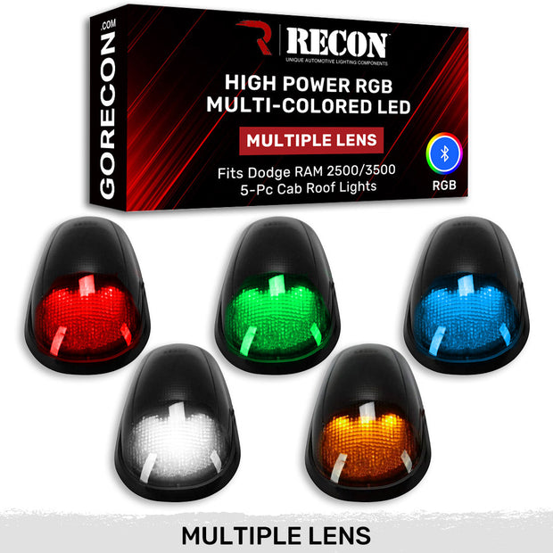 Dodge 03-18 RAM Heavy-Duty 2500 & 3500 (5-Piece Set) Smoked Cab Roof Light Lens with RGB (Multi-Colored) High-Power LED's - Complete Kit With Wiring & Hardware - ATTN: Cab Lights are User Controlled by Bluetooth Using App Thru Mobile Phone / Tablet - MULTI-COLORED