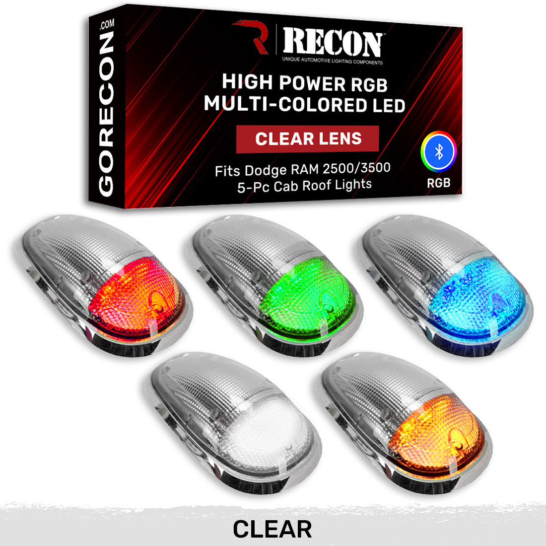 Dodge 03-18 RAM Heavy-Duty 2500 & 3500 (5-Piece Set) Clear Cab Roof Light Lens with RGB (Multi-Colored) High-Power LED's - Complete Kit With Wiring & Hardware - ATTN: Cab Lights are User Controlled by Bluetooth Using App Thru Mobile Phone / Tablet - MULTI-COLORED - Image 3