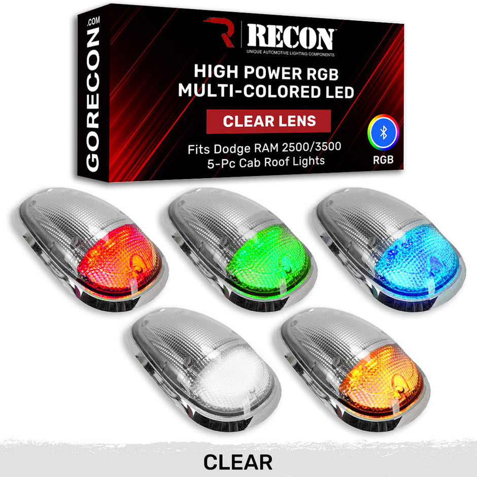 Dodge 03-18 RAM Heavy-Duty 2500 & 3500 (5-Piece Set) Clear Cab Roof Light Lens with RGB (Multi-Colored) High-Power LED's - Complete Kit With Wiring & Hardware - ATTN: Cab Lights are User Controlled by Bluetooth Using App Thru Mobile Phone / Tablet - MULTI-COLORED - Image 3