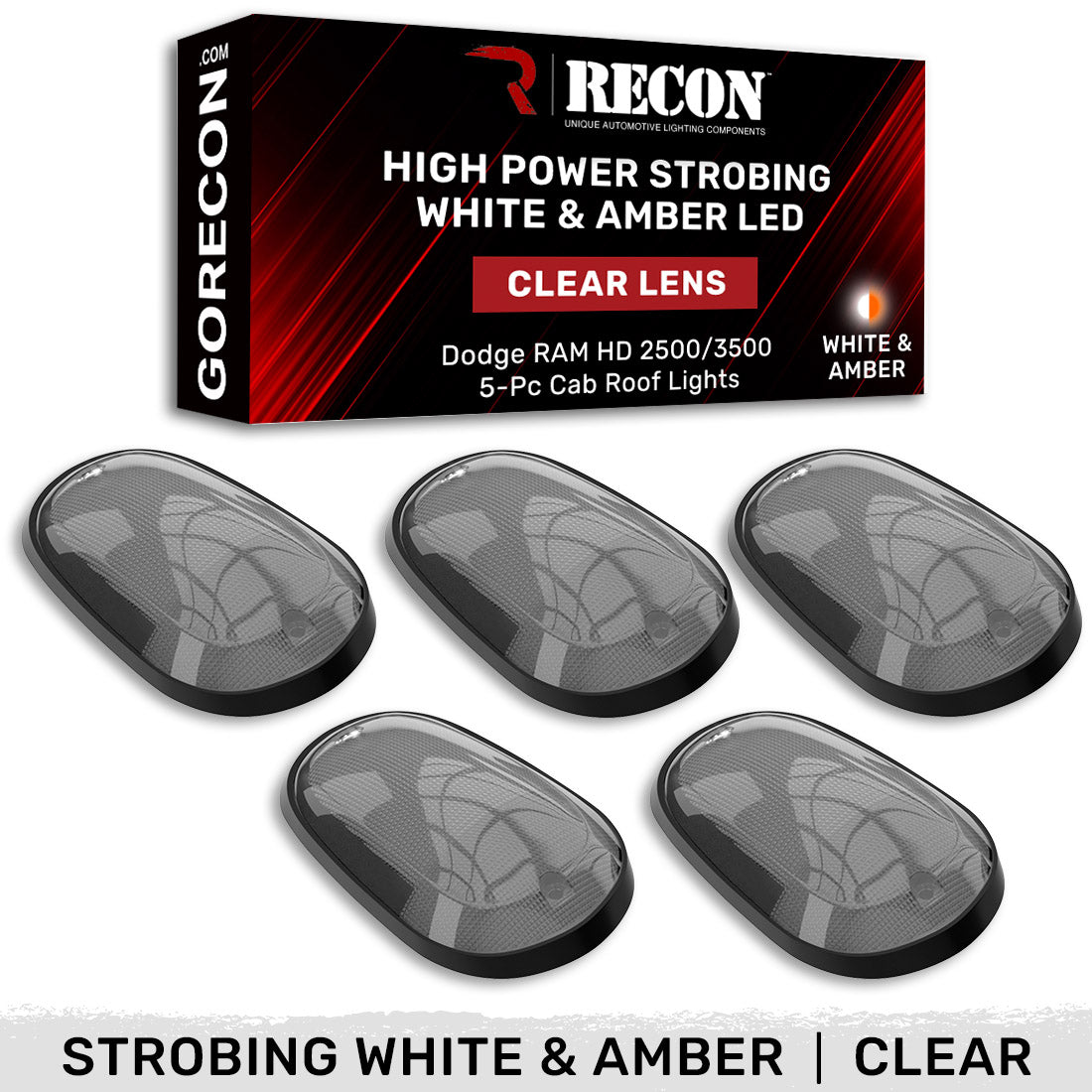 Dodge 03-18 RAM Heavy-Duty 2500 & 3500 (5-Piece Set) Clear Cab Roof Light Kit with White & Amber Strobe LED's & White or Amber Running Light LED's - Includes Complete Kit With Wiring & Hardware - Image 3