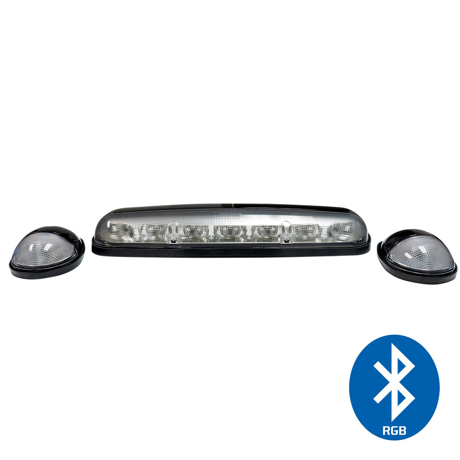 GMC & Chevy 02-07 (1st GEN Classic Body Style) Heavy-Duty (3-Piece Set) Clear Cab Roof Light Lens with RGB (Multi-Colored) High-Power LED's - Complete Kit With Wiring & Hardware - ATTN: Cab Lights are User Controlled by Bluetooth Using App Thru Mobile Phone / Tablet - MULTI-COLORED
