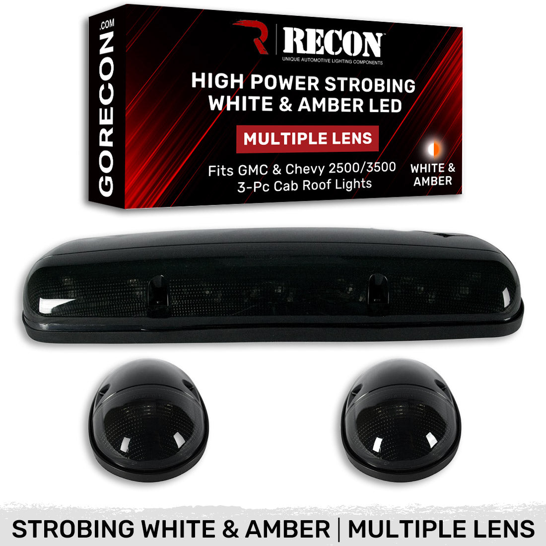 GMC & Chevy 02-07 (1st GEN Classic Body Style) Heavy-Duty (3-Piece Set) Smoked Cab Roof Light Kit with White & Amber Strobe LED's & White or Amber Running Light LED's - (Complete Wiring Kit & Hardware Included)