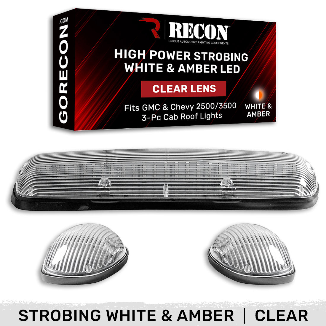 GMC & Chevy 02-07 (1st GEN Classic Body Style) Heavy-Duty (3-Piece Set) Clear Cab Roof Light Kit with White & Amber Strobe LED's & White or Amber Running Light LED's - (Complete Wiring Kit & Hardware Included) - Image 3