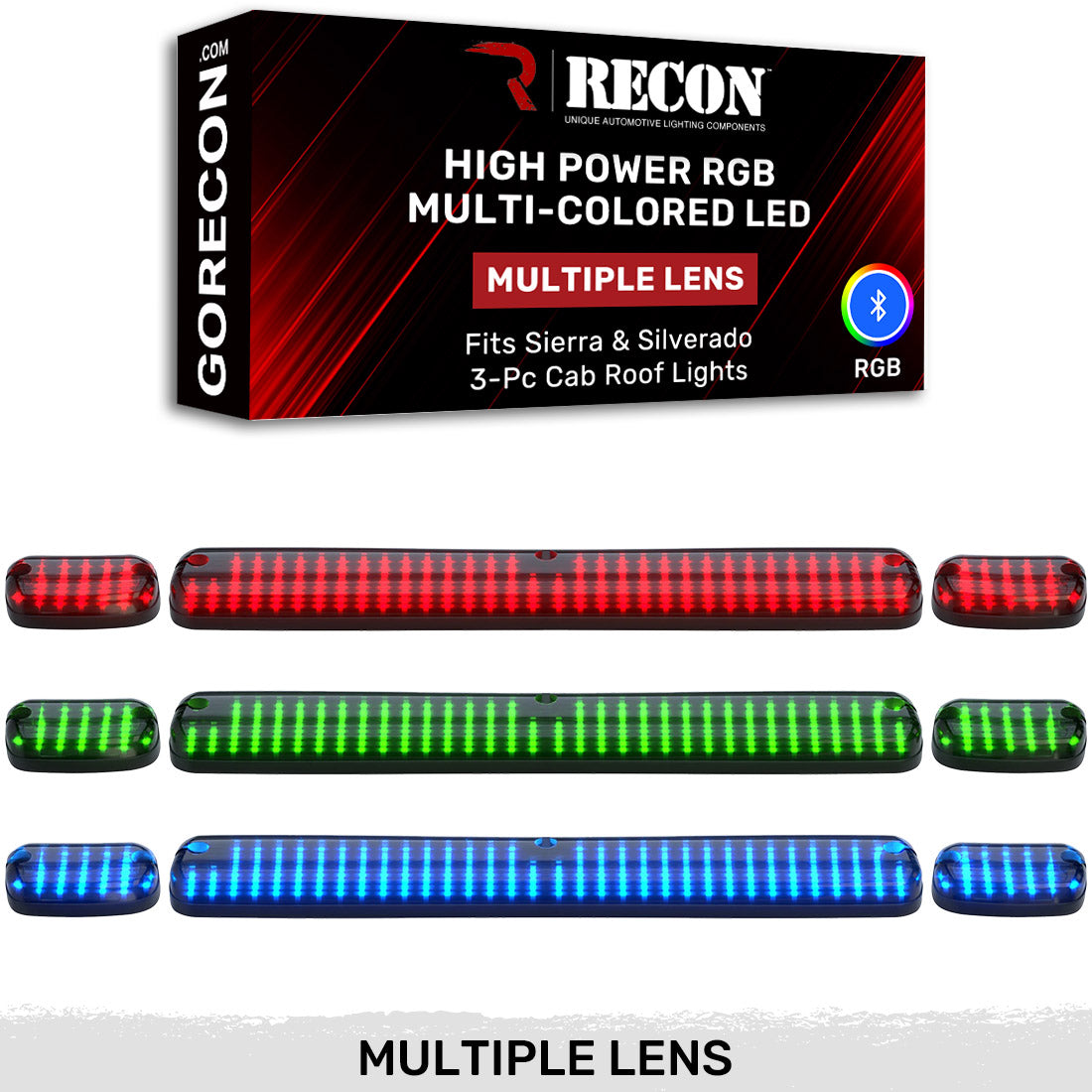 GMC & Chevy 07-14 (2nd GEN Body Style) Heavy-Duty (3-Piece Set) Smoked Cab Roof Light Lens with RGB (Multi-Colored) High-Power LED's - Complete Kit With Wiring & Hardware - ATTN: Cab Lights are User Controlled by Bluetooth Using App Thru Mobile Phone / Tablet - MULTI-COLORED