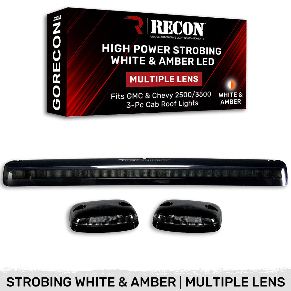 GMC & Chevy 07-14 (2nd GEN Body Style) Heavy-Duty (3-Piece Set) Smoked Cab Roof Light Kit with White & Amber Strobe LED's & White or Amber Running Light LED's - (Complete Wiring Kit & Hardware Included)