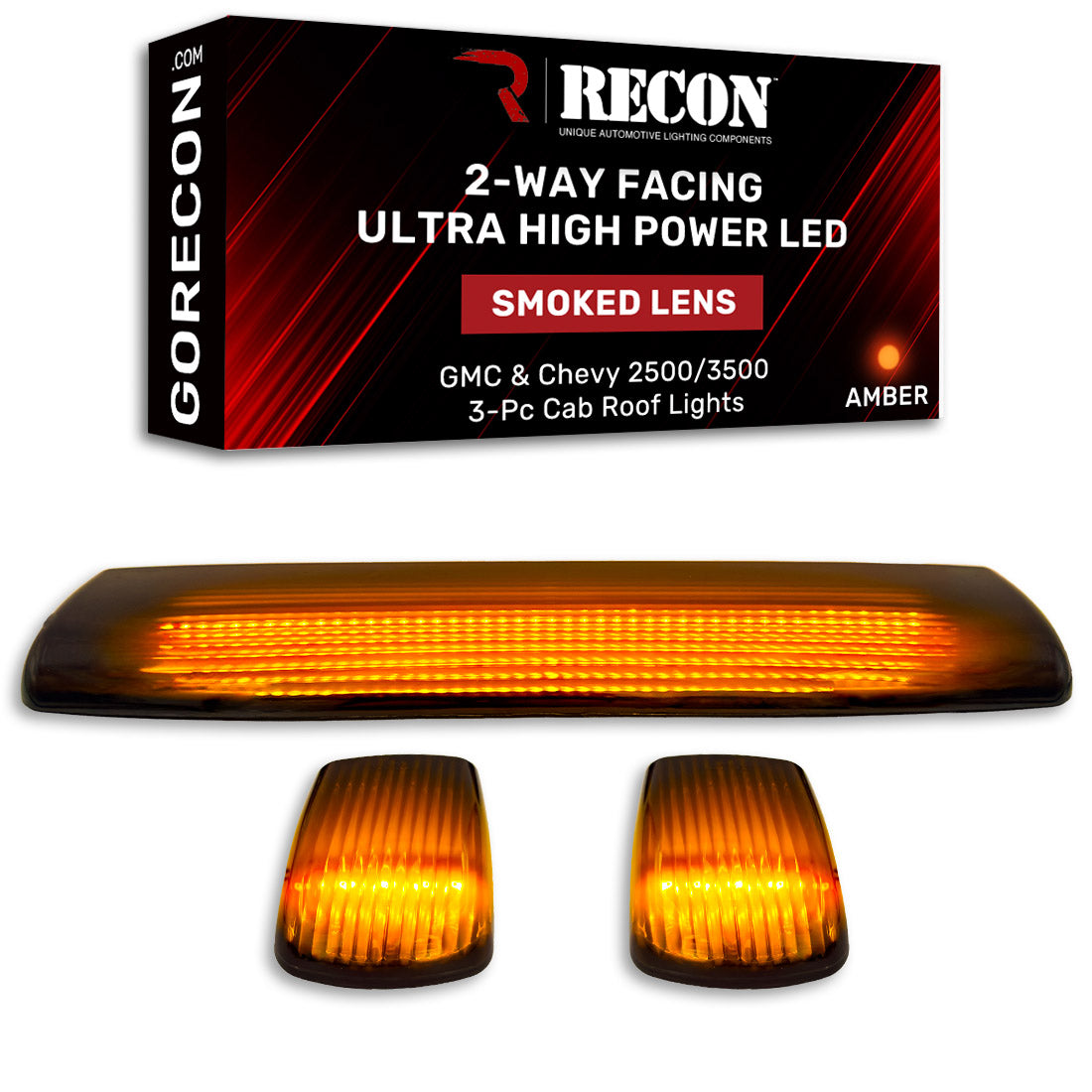 GMC & Chevy 15-19 (3rd GEN Body Style) Heavy-Duty (3-Piece Set) Smoked Cab Roof Light Lens with 2-Way Forward & Rear Facing Amber ULTRA High-Power LEDs - (Plug-N-Play Installation Replaces OEM Installed Cab Roof Lights)