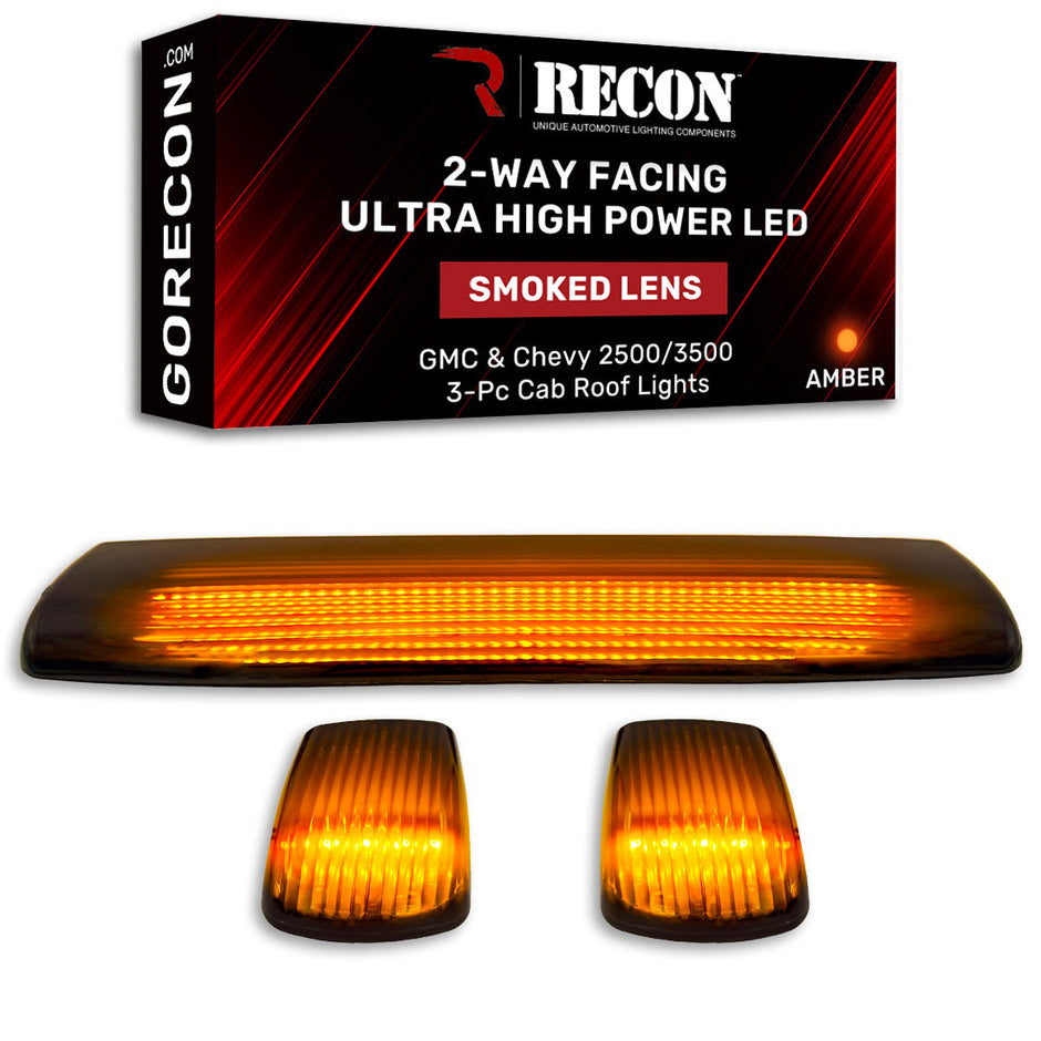 GMC & Chevy 15-19 (3rd GEN Body Style) Heavy-Duty (3-Piece Set) Smoked Cab Roof Light Lens with 2-Way Forward & Rear Facing Amber ULTRA High-Power LEDs - (Plug-N-Play Installation Replaces OEM Installed Cab Roof Lights)