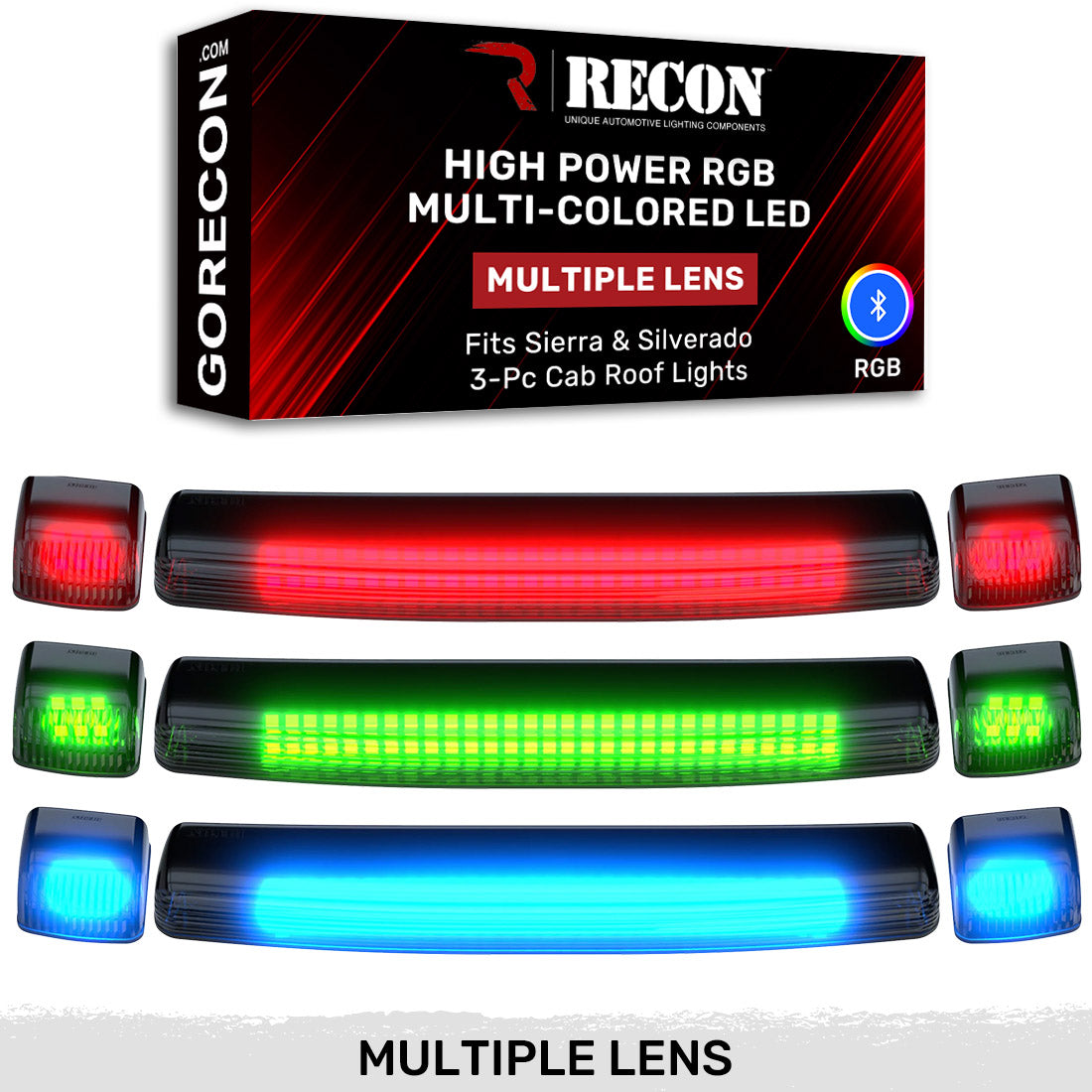 GMC & Chevy 15-19 (3rd GEN Body Style) Heavy-Duty (3-Piece Set) Smoked Cab Roof Light Lens with RGB (Multi-Colored) High-Power LED's - Complete Kit With Wiring & Hardware - ATTN: Cab Lights are User Controlled by Bluetooth Using App Thru Mobile Phone / Tablet - MULTI-COLORED